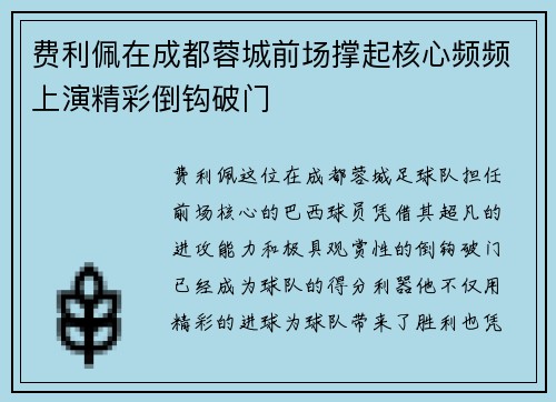 费利佩在成都蓉城前场撑起核心频频上演精彩倒钩破门