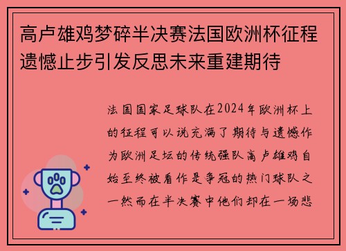 高卢雄鸡梦碎半决赛法国欧洲杯征程遗憾止步引发反思未来重建期待