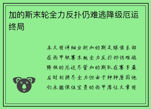 加的斯末轮全力反扑仍难逃降级厄运终局